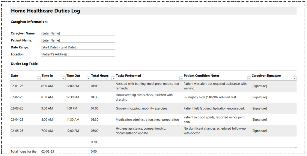 Home Healthcare Duties Log Template for Excel