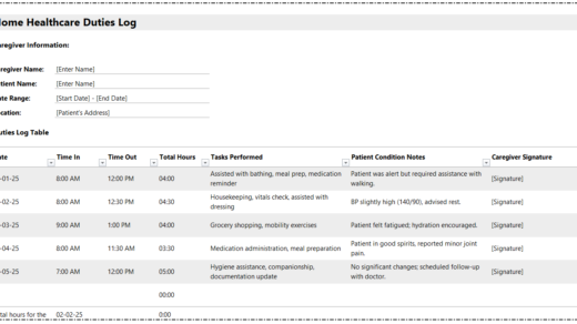 Home Healthcare Duties Log Template for Excel