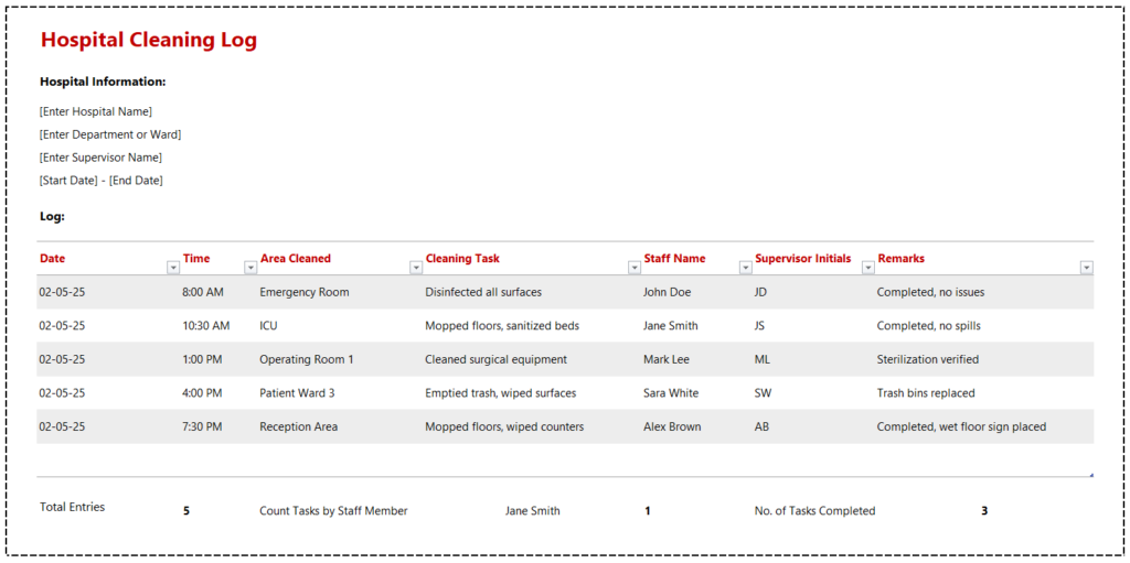 Hospital Cleaning Log Template for Excel