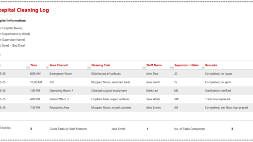 Hospital Cleaning Log Template for Excel