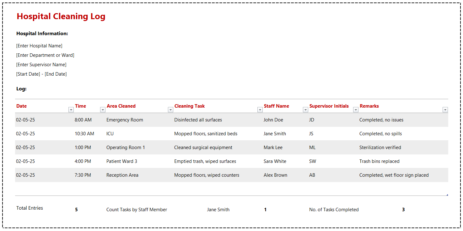 Hospital Cleaning Log Template for Excel