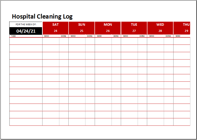 Hospital Cleaning Log Template For MS Excel Download FREE