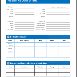 Personal health record sheet