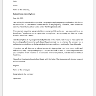 Early Maternity Leave Letter