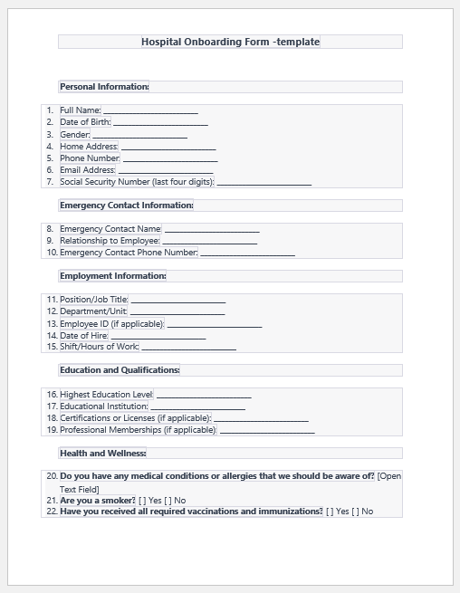 Hospital onboarding form template