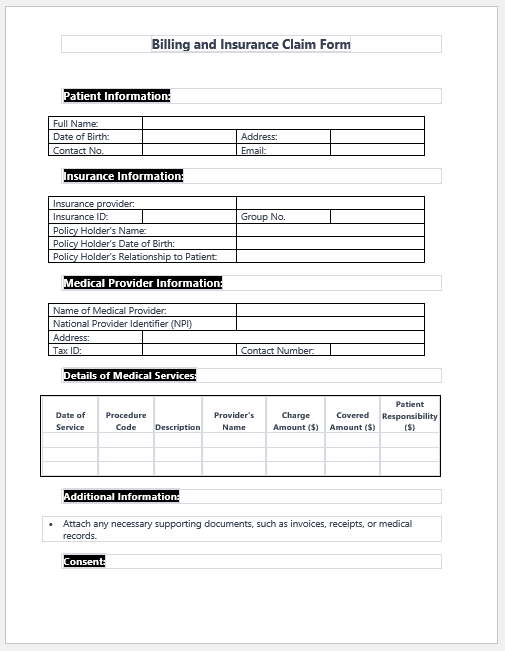 Billing and Insurance Claim Form