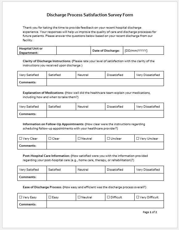 Discharge Process Satisfaction Survey Form