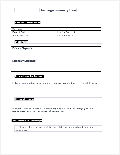 Discharge summary form