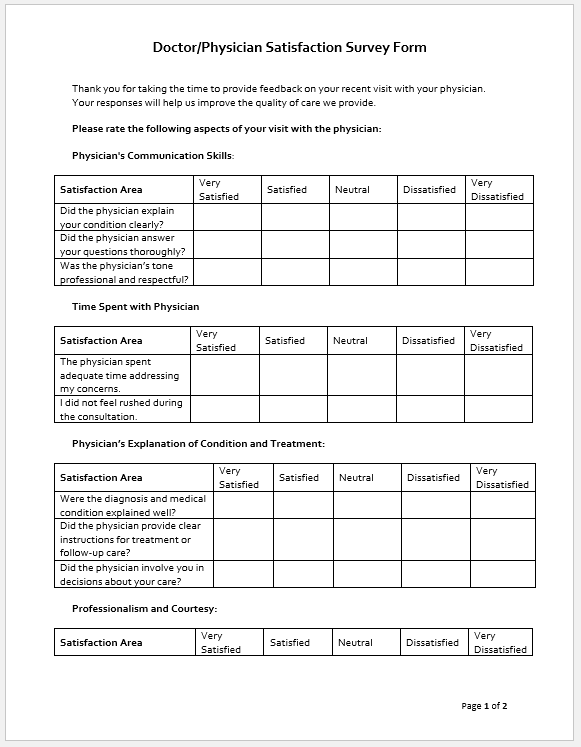 Doctor/Physician Satisfaction Survey Form