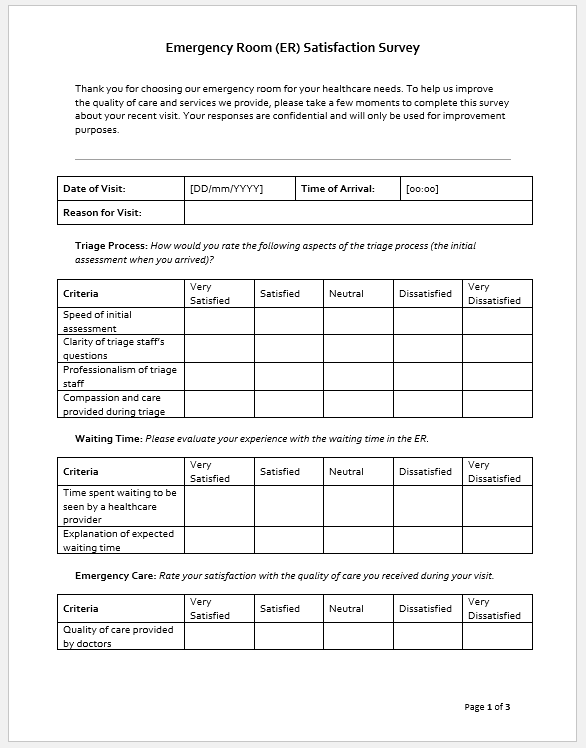 Emergency Room (ER) Satisfaction Survey Form