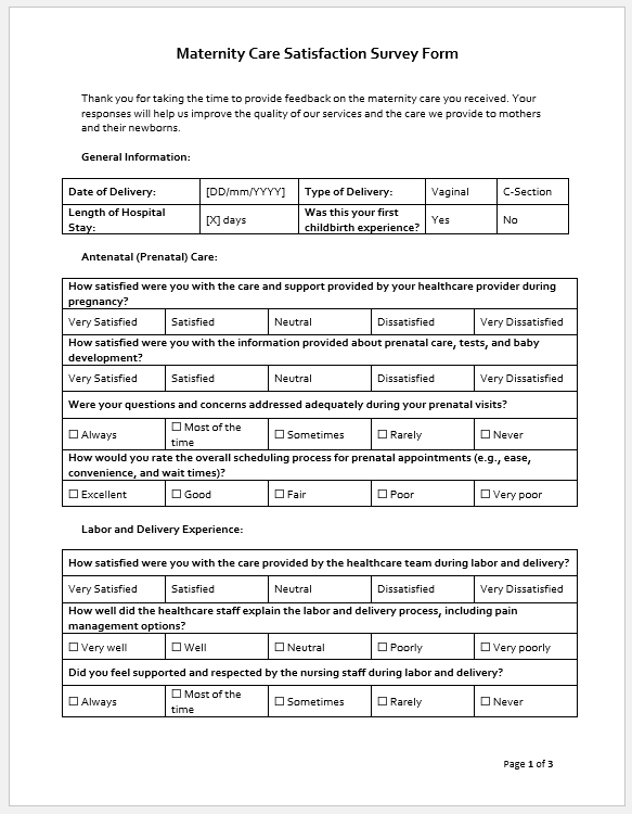 Maternity Care Satisfaction Survey Form