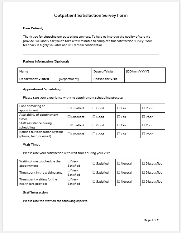 Outpatient Satisfaction Survey Form