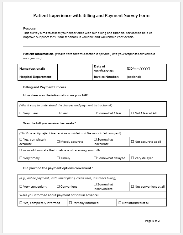 Patient Experience with Billing and Payment Survey Form