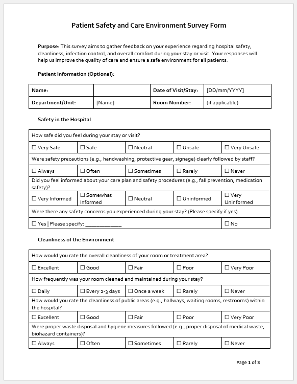 Patient Safety and Care Environment Survey Form