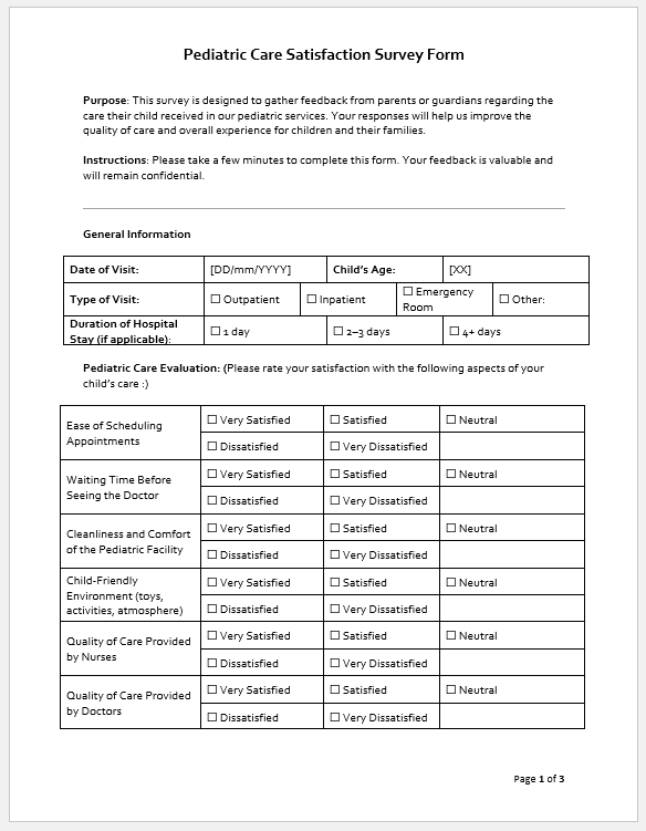 Pediatric Care Satisfaction Survey Form