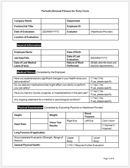 Periodic/Annual Fitness for Duty Form