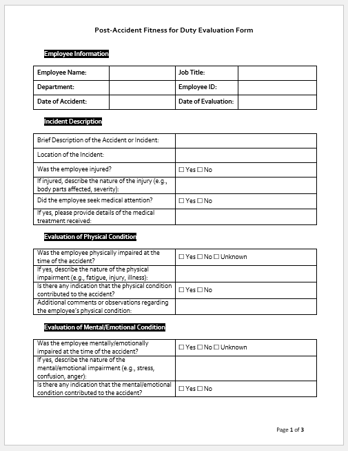 Post-Accident Fitness for Duty Evaluation Form