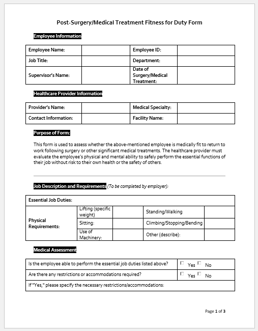 Post-Surgery-Medical Treatment Fitness for Duty Form