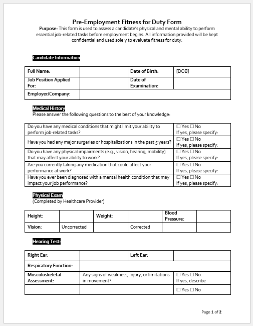 Pre-Employment Fitness for Duty Form