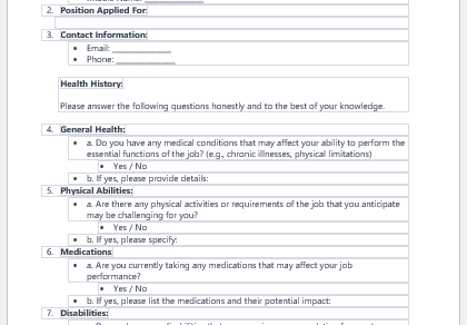 Pre-Employment Health Questionnaire Template