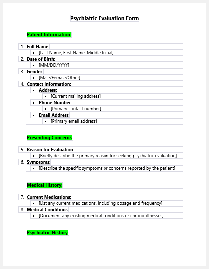 Psychiatric Evaluation Form Template