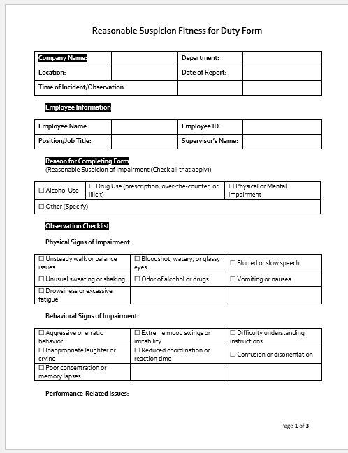 Reasonable Suspicion Fitness for Duty Form