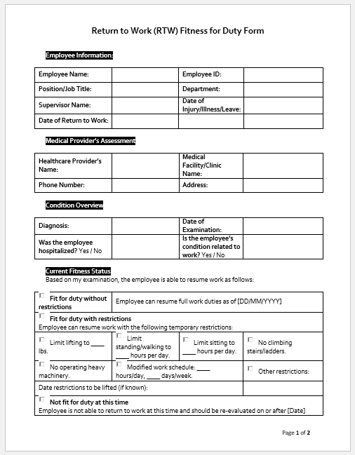 Return to Work (RTW) Fitness for Duty Form