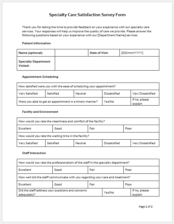 Specialty Care Satisfaction Survey Form