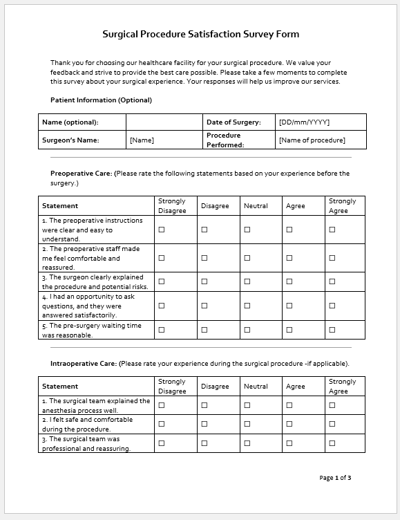 Surgical Procedure Satisfaction Survey Form