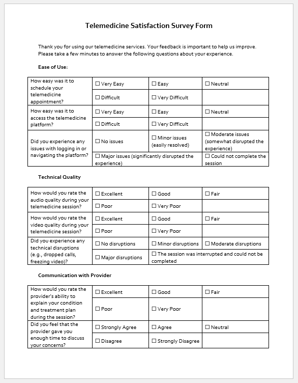 Telemedicine Satisfaction Survey Form