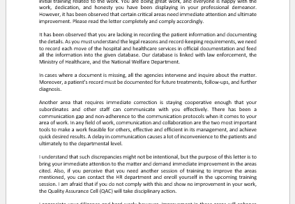 Warning Letter for Immediate Improvement Required for Professional Healthcare Duties