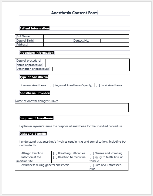 Anesthesia Consent Form