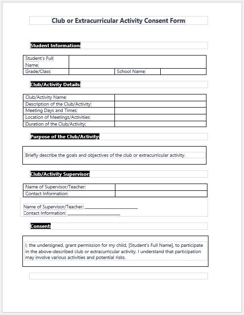 Club or Extracurricular Activity Consent Form