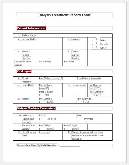 Dialysis Treatment Record Form