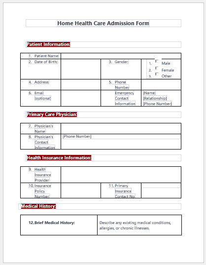 Home Health Care Admission Form