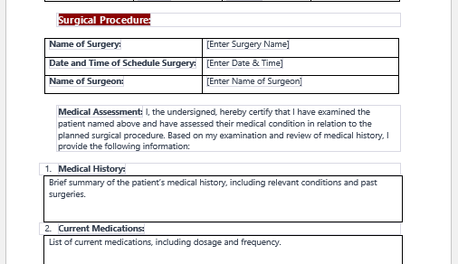 Medical Certificate for Surgery
