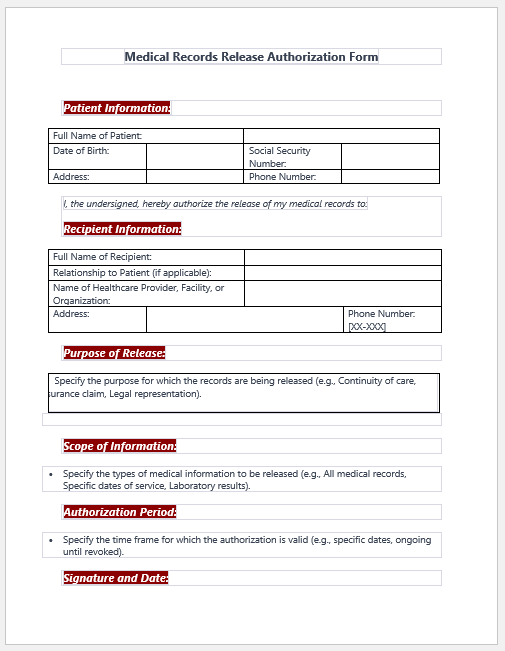 Medical Records Release Authorization Form