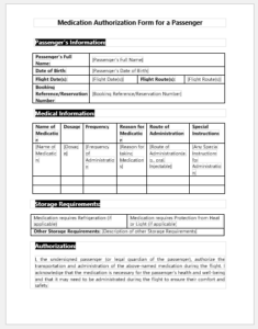 Medication Authorization Form for a Passenger