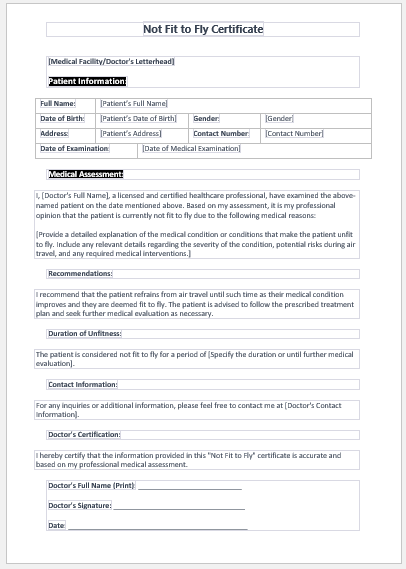 Not Fit to Fly Certificate Template for Word | Download File