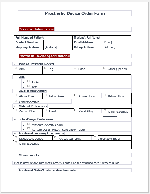 Prosthetic Device Order Form