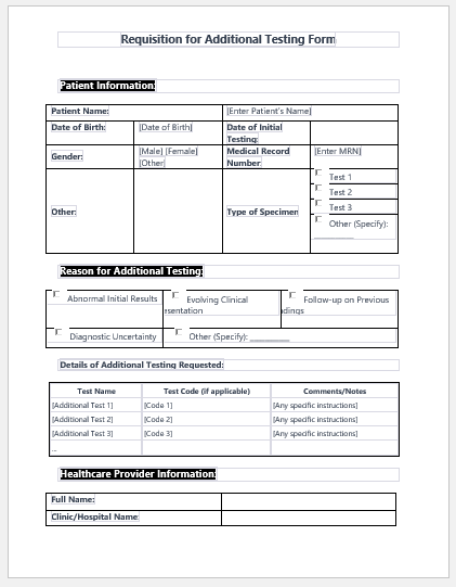 Requisition for Additional Testing Form