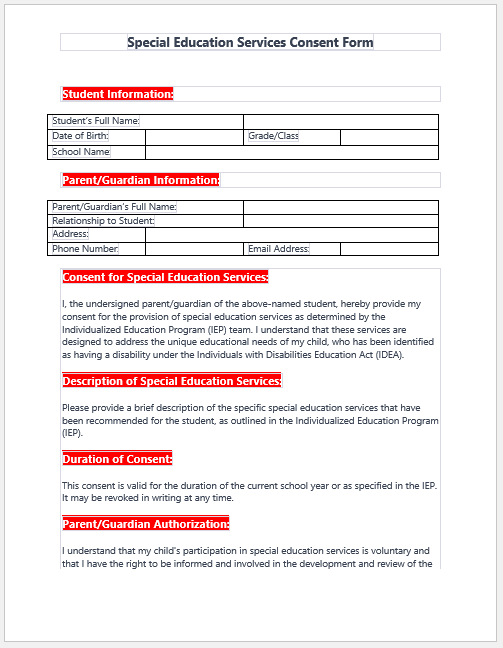 Special Education Services Consent Form