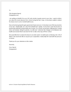 Letter to Teacher Explaining Mental Health Absence