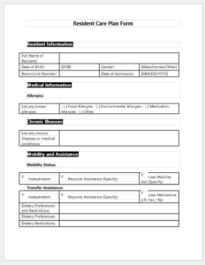 Resident Care Plan Form