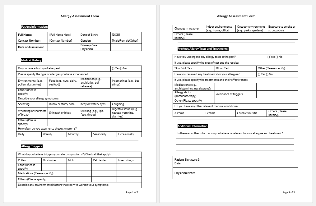 Allergy Assessment Form