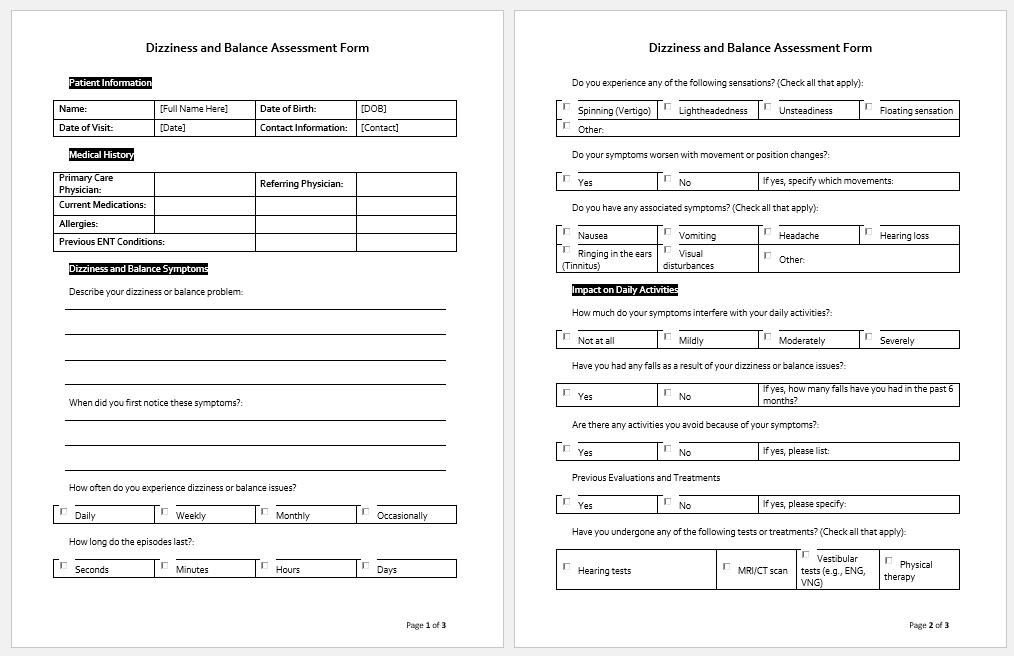 Dizziness and Balance Assessment Form