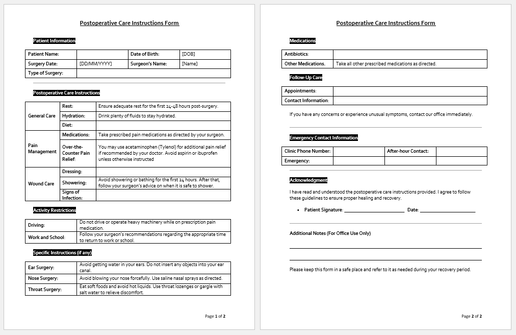 Postoperative Care Instructions Form