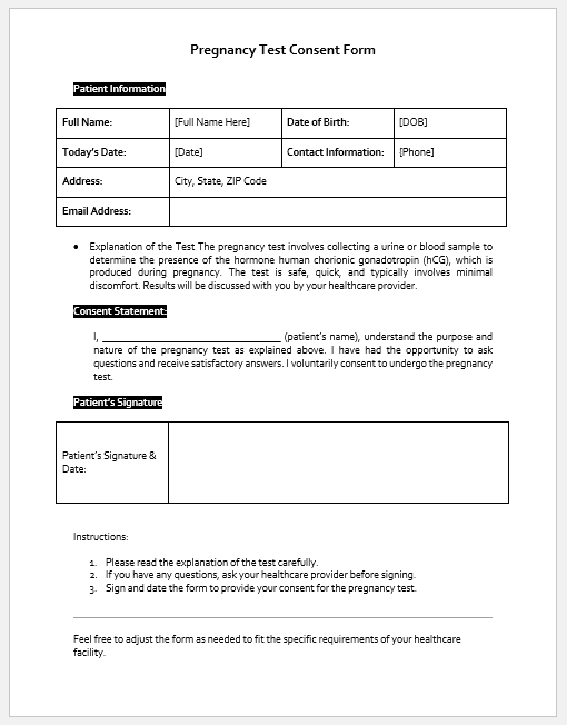 Pregnancy Test Consent Form