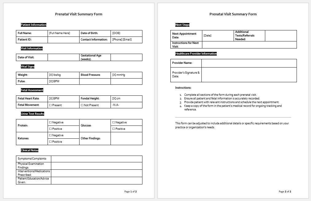 Prenatal Visit Summary Form