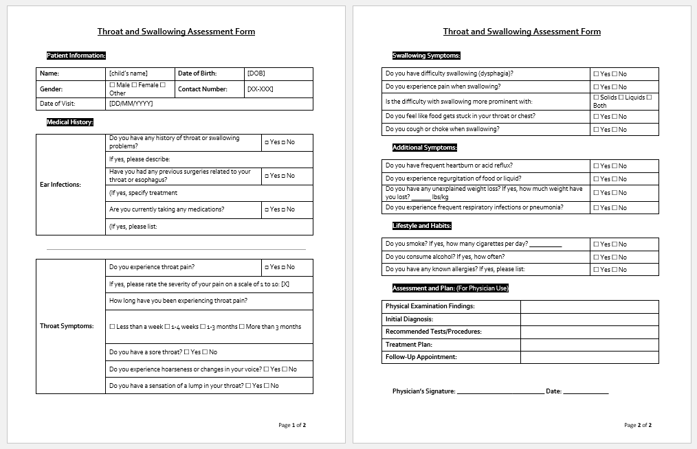 Throat and Swallowing Assessment Form